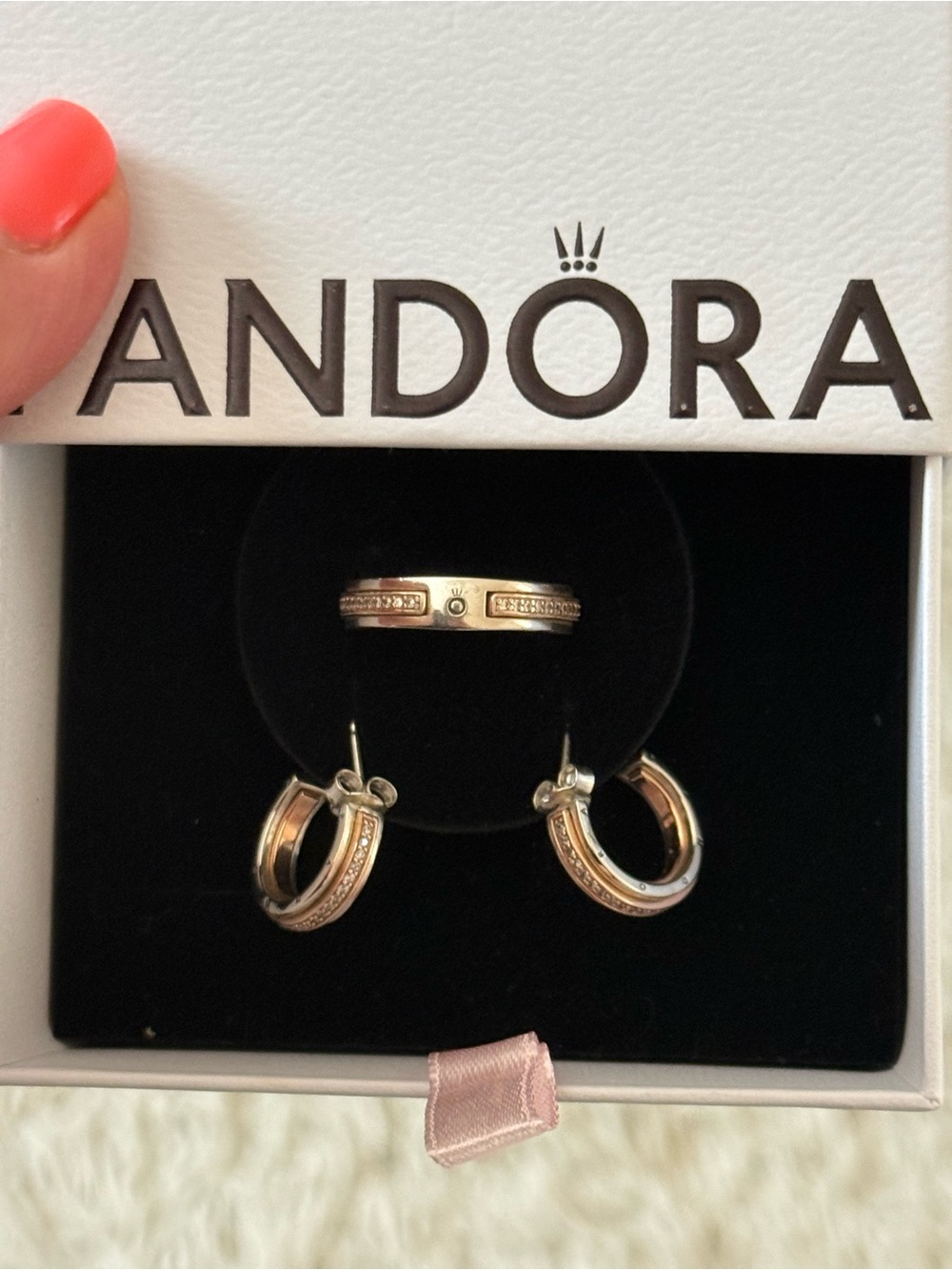 Pandora Signature Two Tone Logo & Pave Ring and Hoop Earring Set. Ring size 7.5